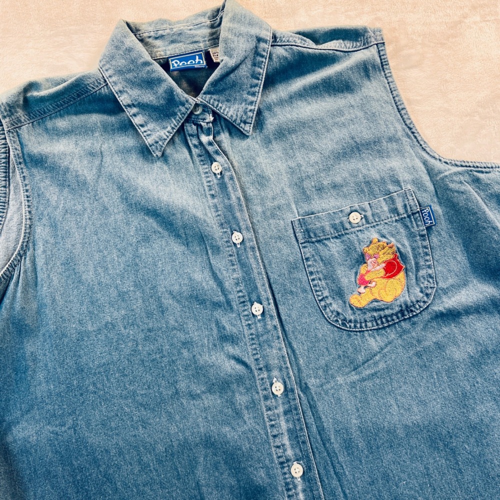 Vintage Pooh Disney Denim Sleeveless Button Down Shirt Blue Maternity Large